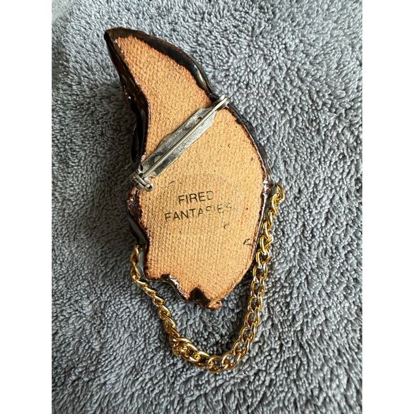 Fired Fantasies Brooch Pin Clay Chain Gold Tan Green Brown Leaves Vtg Handmade - Picture 2 of 6